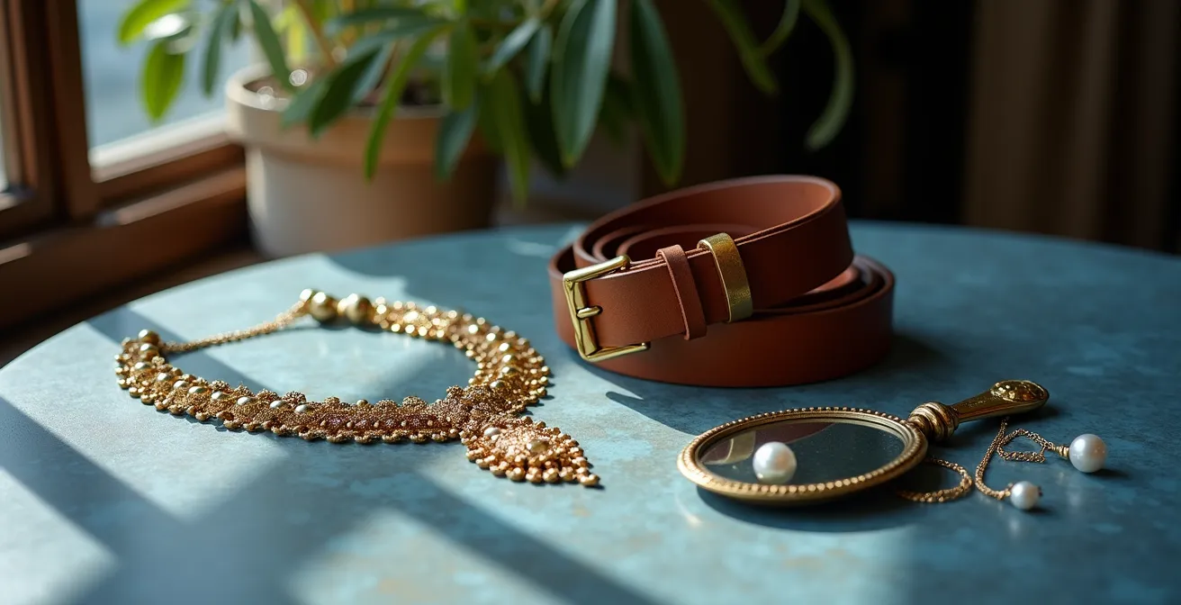 Gros plan sur trois accessoires essentiels disposés sur une surface en marbre belge : un collier plastron doré, une ceinture en cuir et des boucles d'oreilles pendantes.