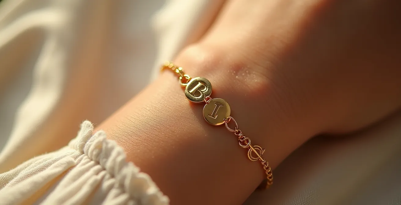 Gros plan sur un bracelet moderne avec trois breloques initiales délicatement espacées