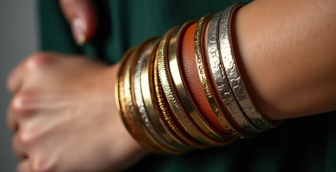 Gros plan sur un poignet portant plusieurs joncs empilés avec différentes finitions, montrant l'alternance des textures