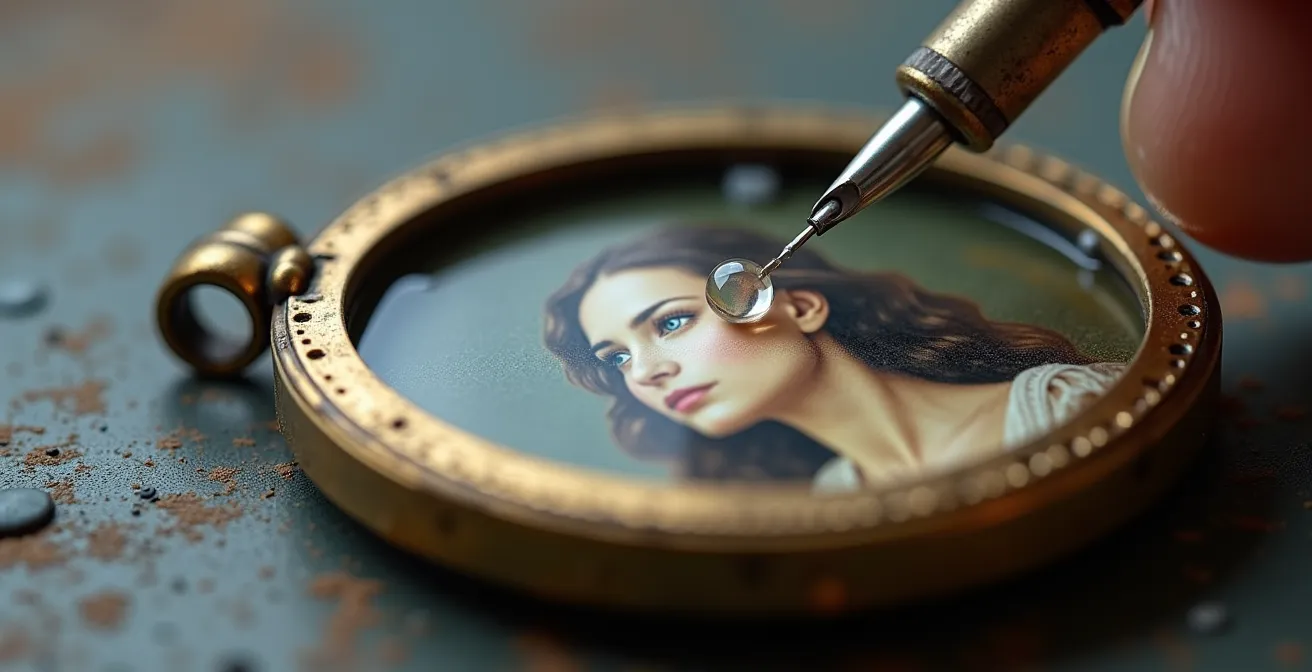 Application minutieuse de résine époxy transparente sur une photo dans un médaillon