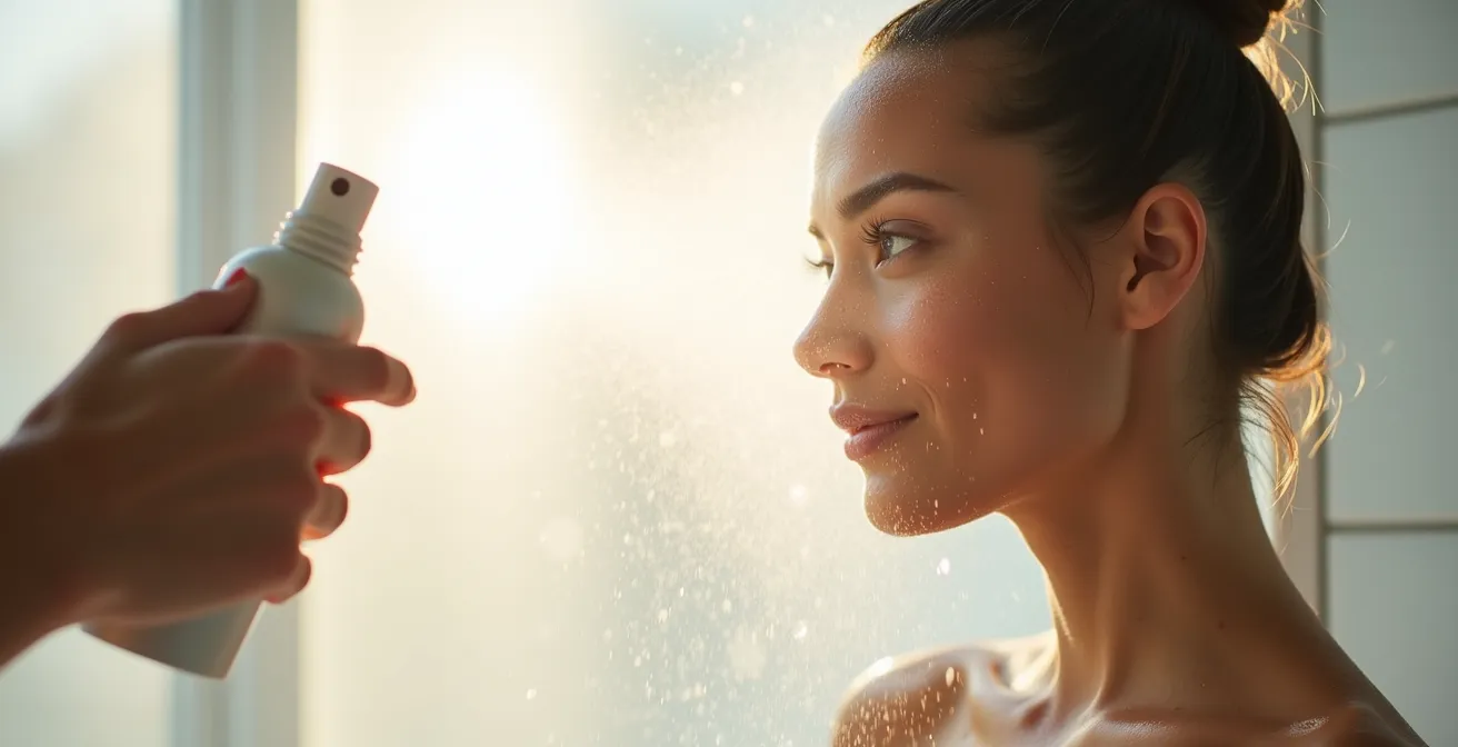 Brumisation d'eau thermale sur visage avant application du sérum hyaluronique