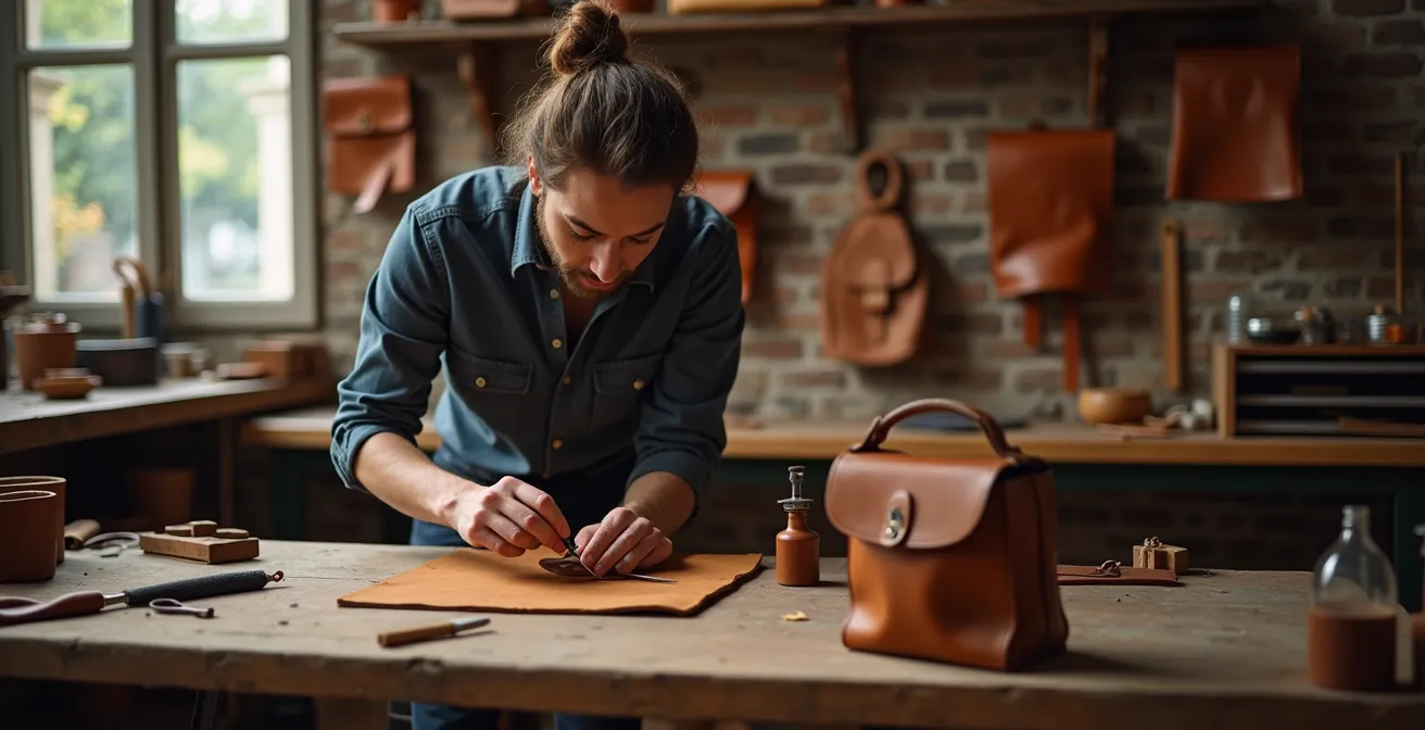 Artisan maroquinier belge appliquant un traitement protecteur sur un sac en nubuck dans son atelier