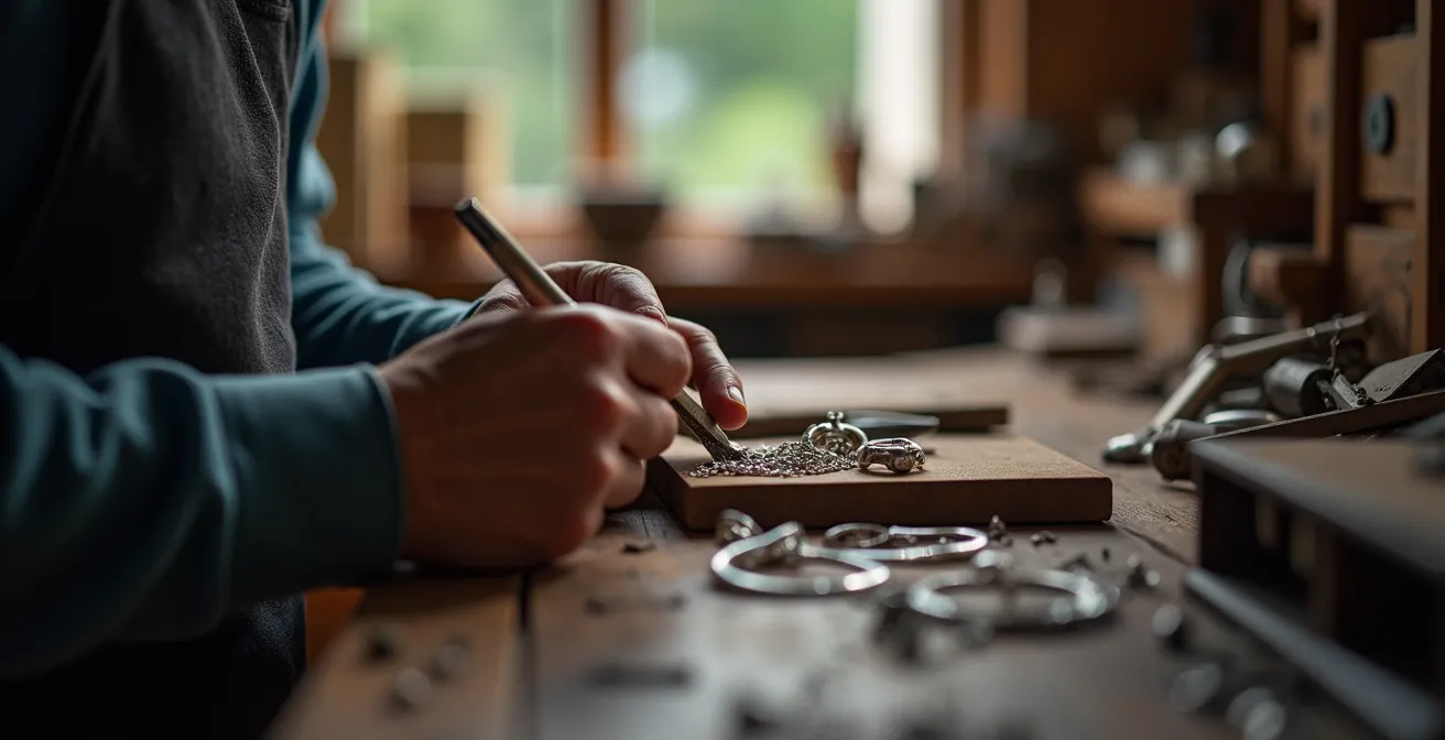 Atelier de création de bijoux artisanaux en Belgique avec des mains d'artisan travaillant sur une pièce en argent.