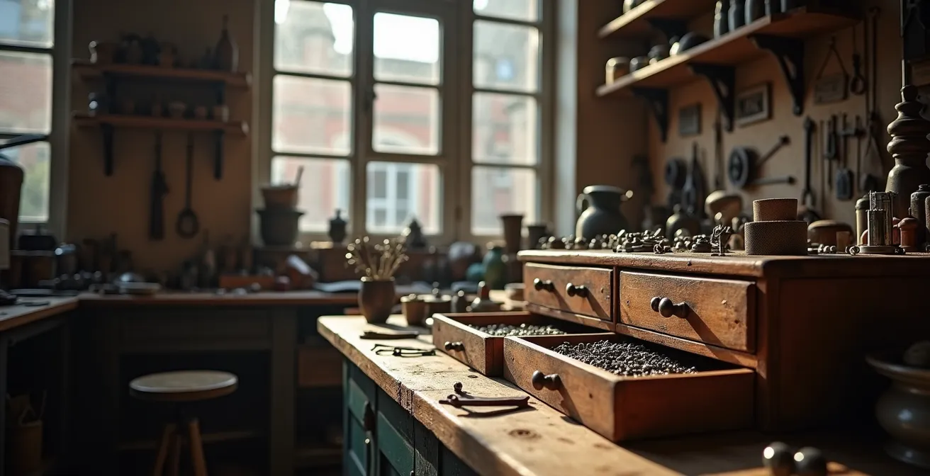 Vue d'ensemble d'un atelier de bijoutier à Bruxelles avec établi et outils traditionnels