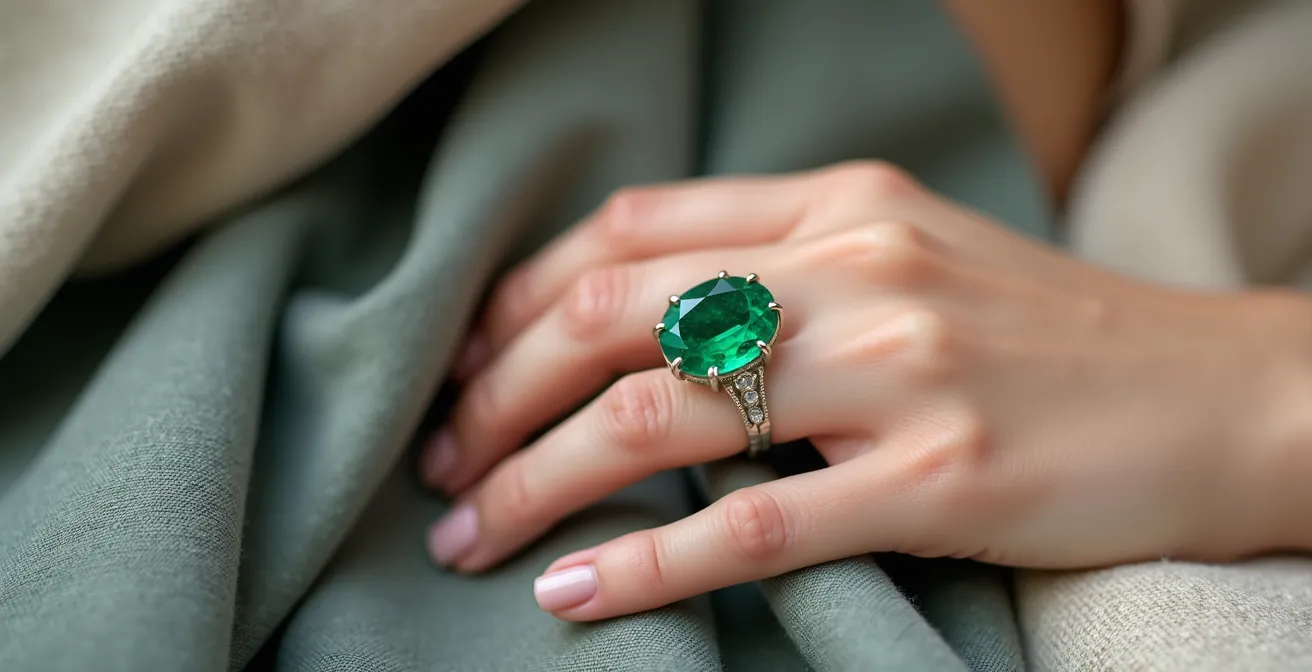 Main élégante portant une bague émeraude sur fond de textile neutre