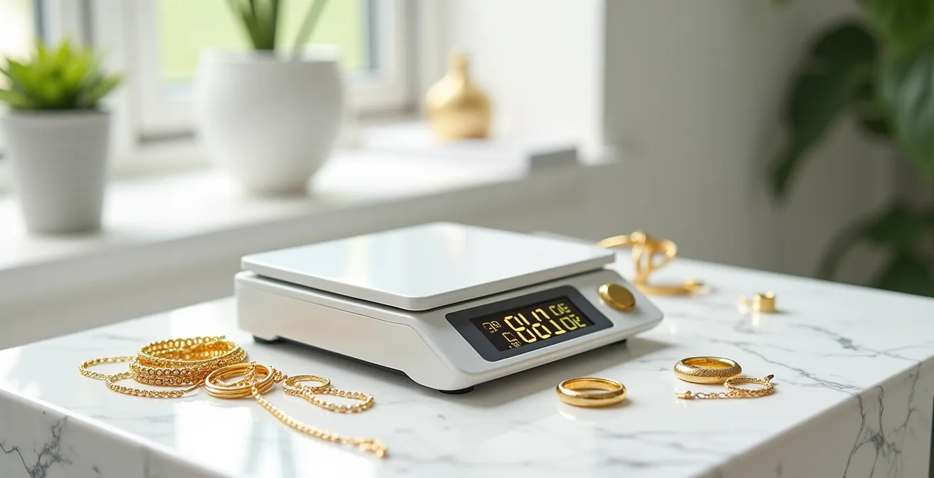Balance de précision avec bijoux en or et loupe de joaillier pour estimation