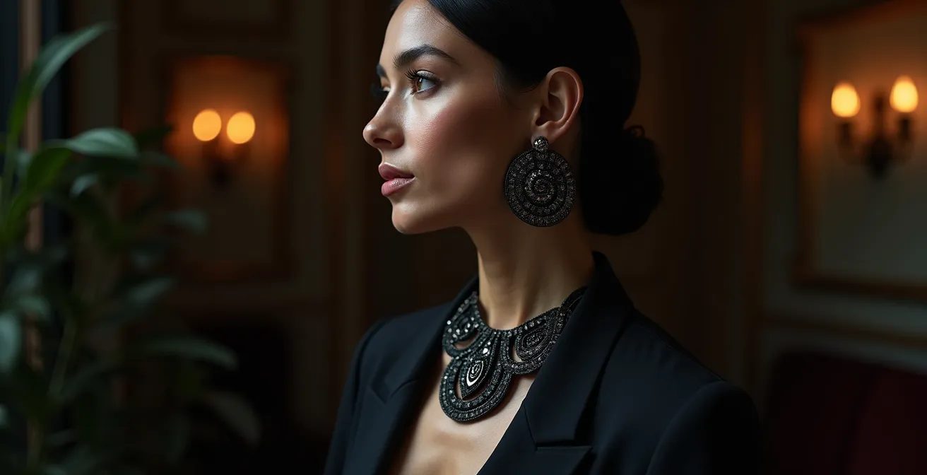 Bijou sculptural audacieux sur tenue monochrome élégante