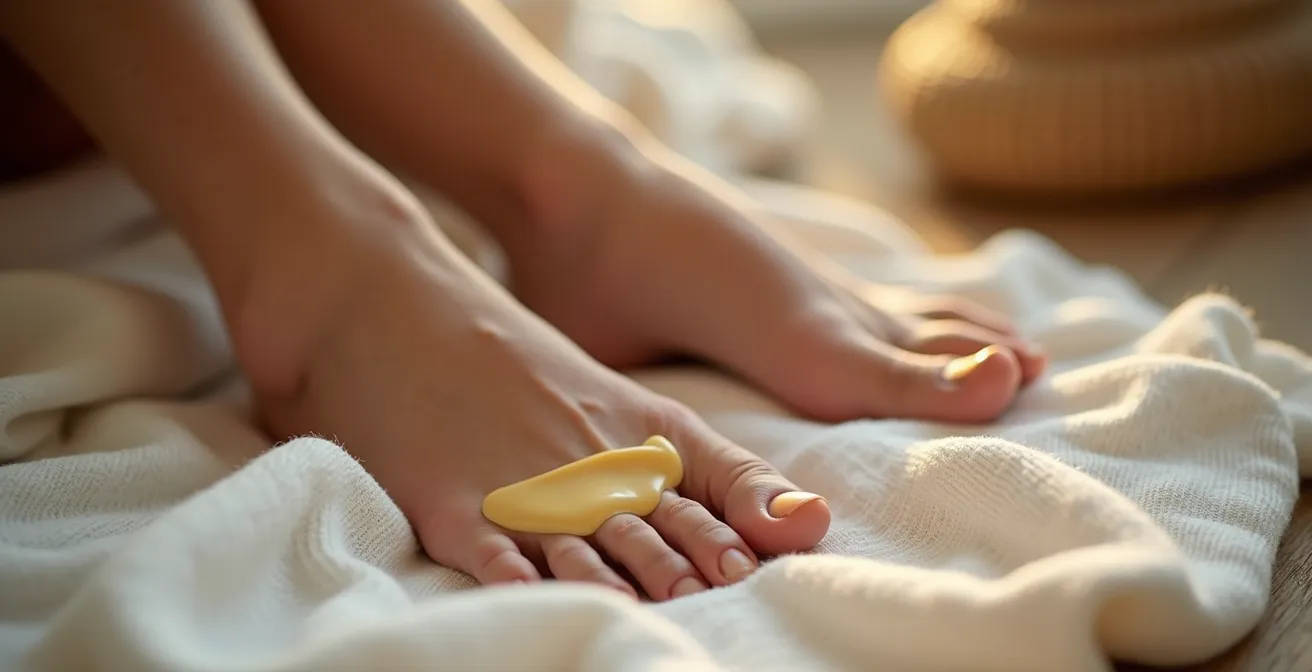 Pieds enduits de baume épais avec chaussettes en coton prêtes à être enfilées pour la technique du body slugging