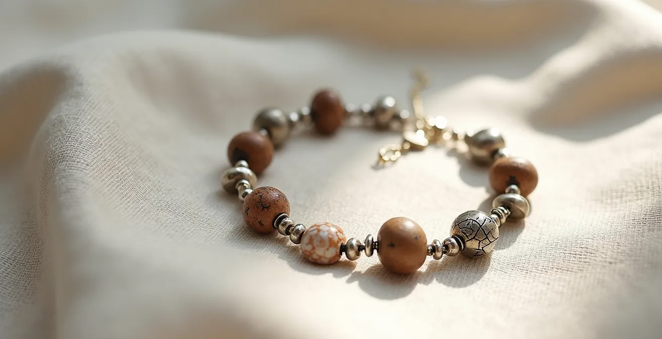 Bracelet à breloques éclectiques harmonieusement assemblées sur fond neutre minimaliste