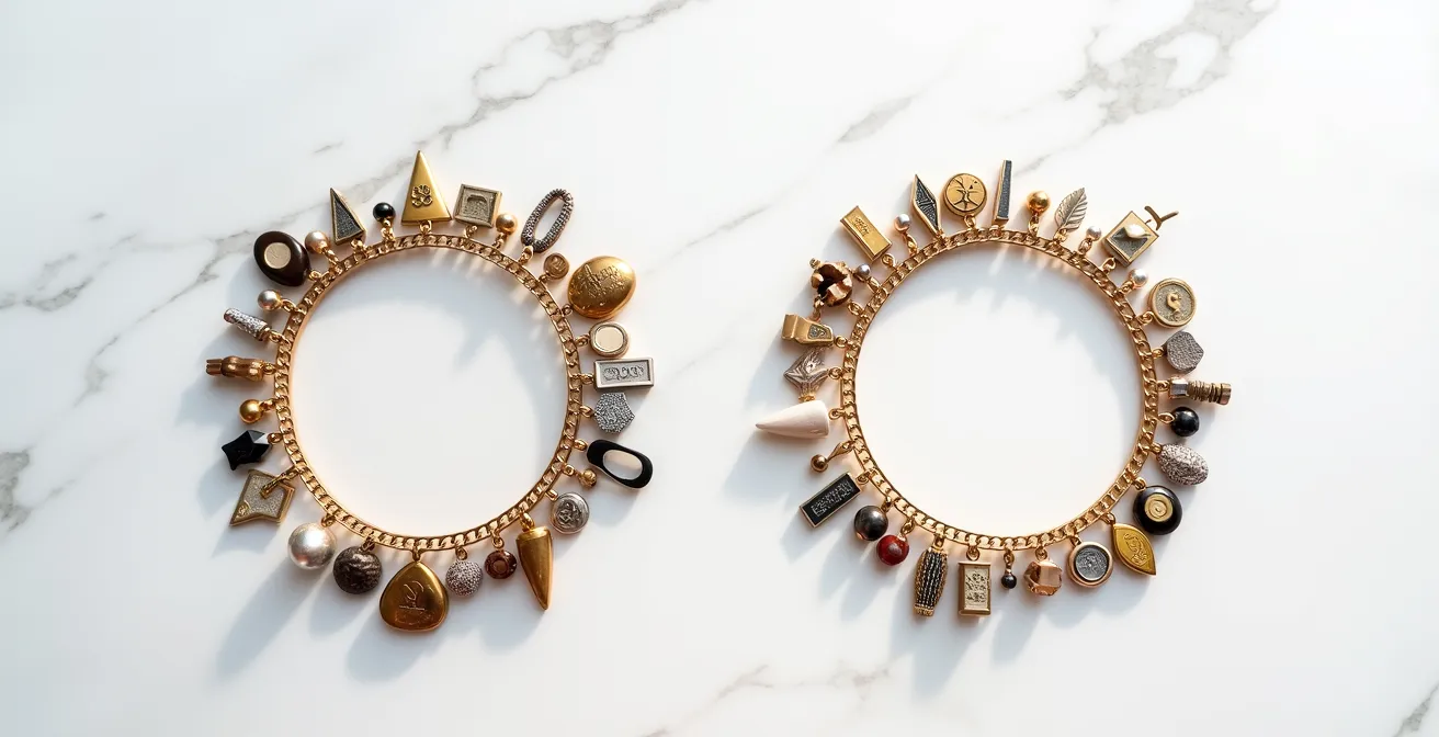 Vue aérienne minimaliste de deux bracelets, l'un surchargé de breloques entassées, l'autre équilibré avec espacement harmonieux