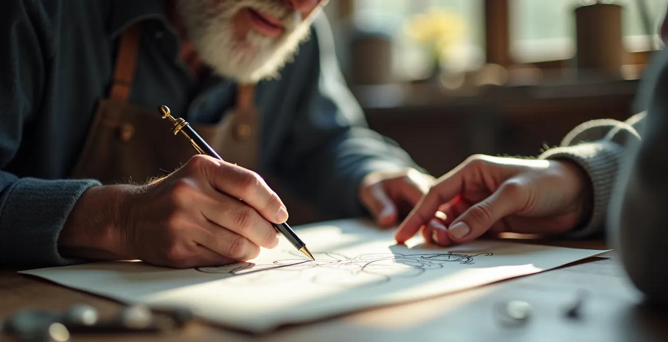 Mains d'un orfèvre belge esquissant le design d'un bijou sculptural sur papier lors d'une consultation avec un client.