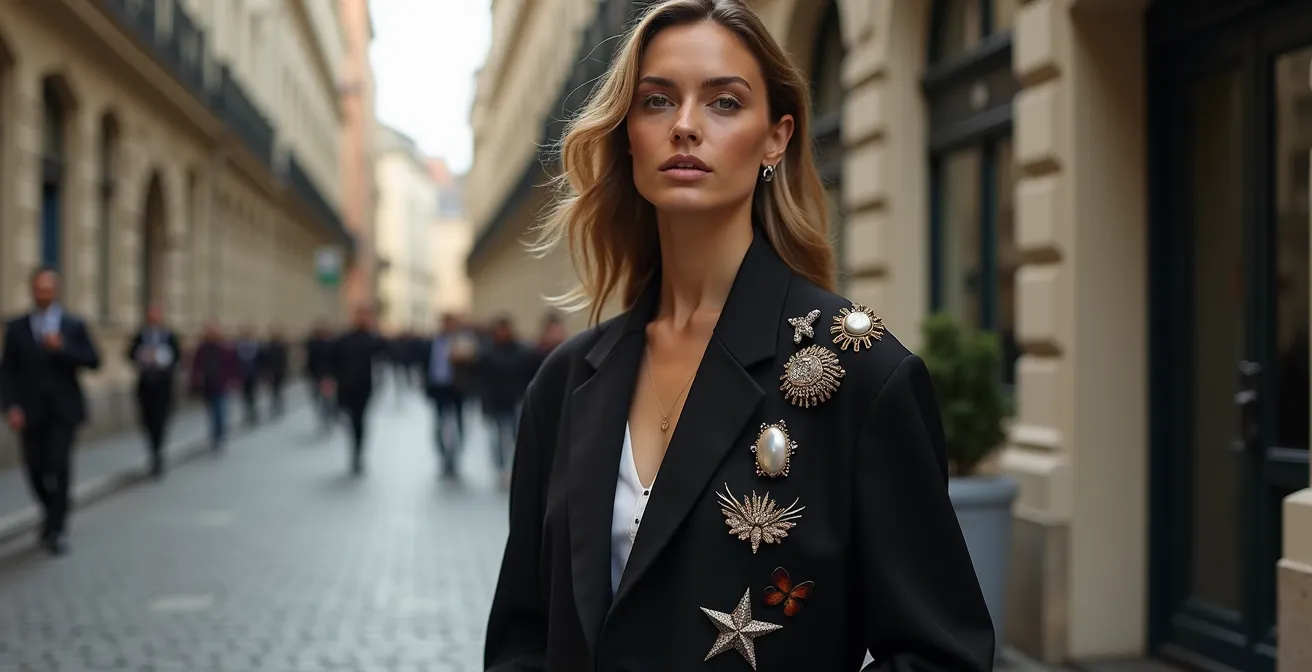 Femme élégante portant une broche Art Nouveau sur un blazer moderne dans les rues de Bruxelles