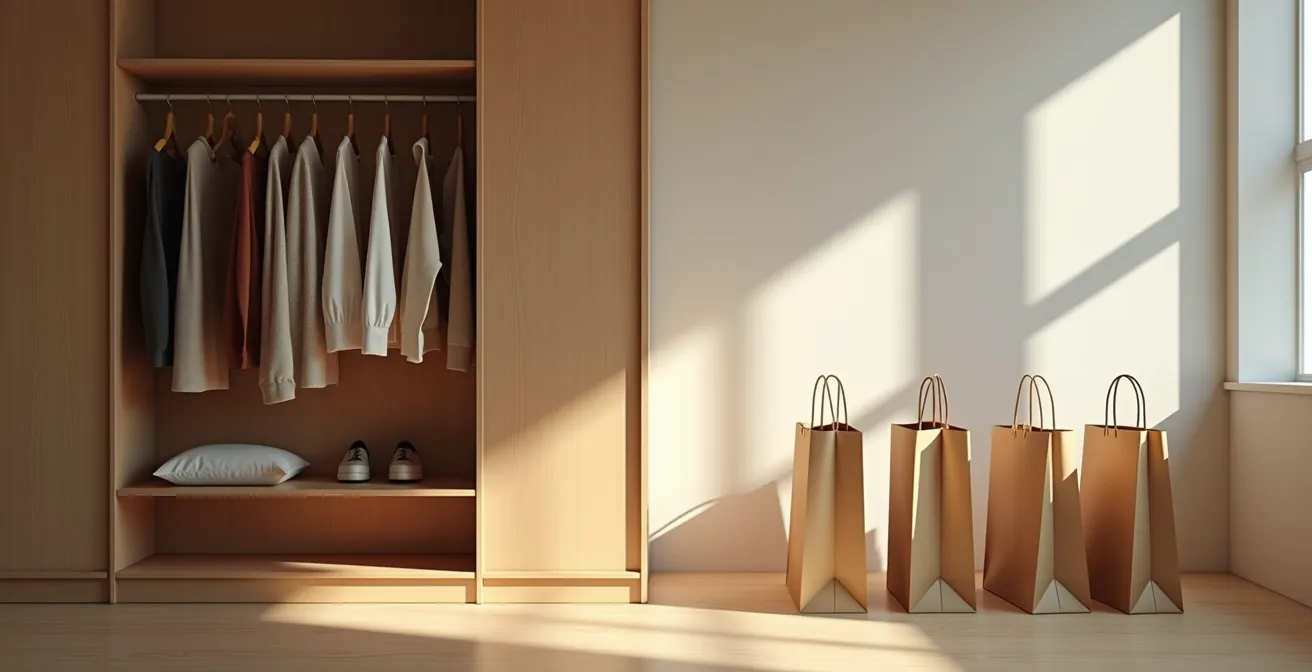 Comparaison visuelle entre un dressing organisé et des sacs d'achats impulsifs