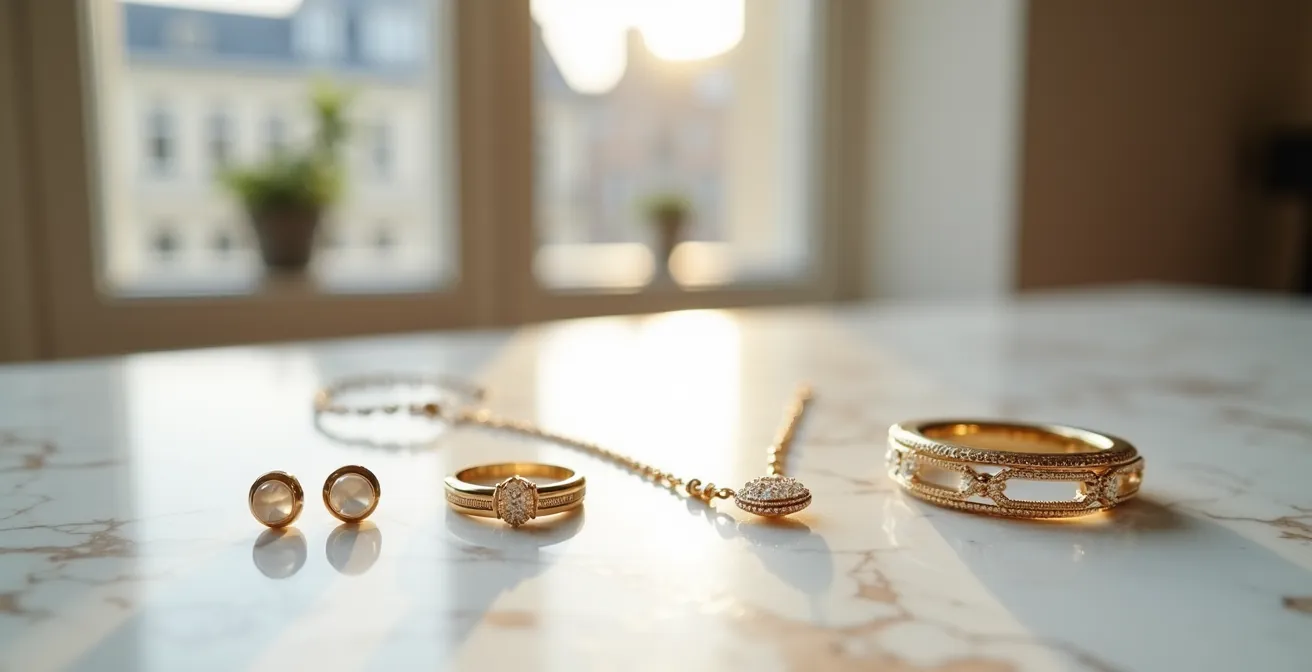 Composition élégante montrant l'évolution d'une collection de bijoux sur 12 mois