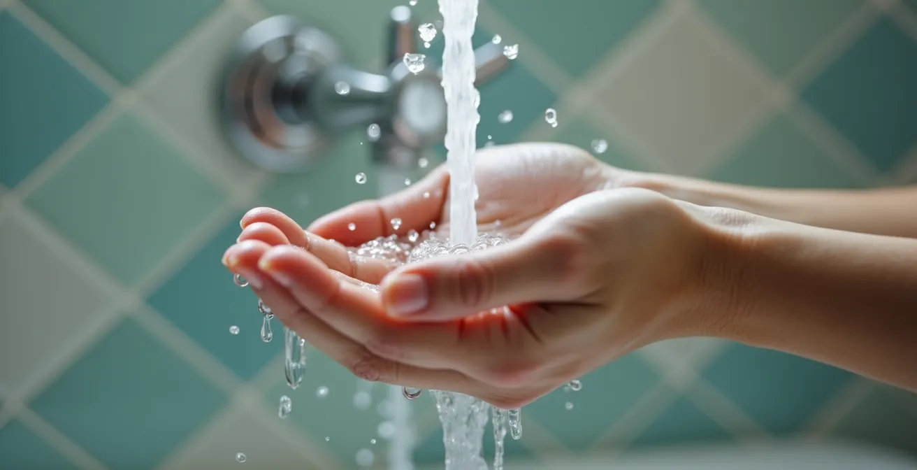 Mains sous un jet d'eau avec dépôts minéraux visibles sur la peau
