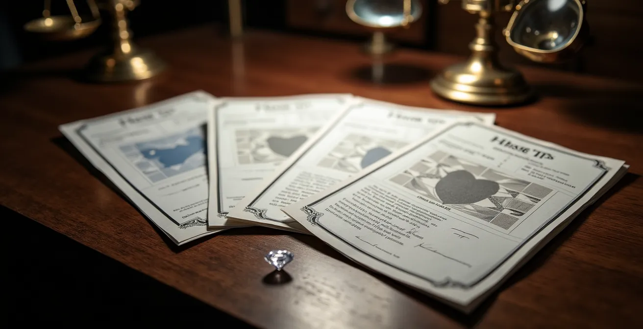 Trois certificats de diamants HRD, GIA et IGI disposés en éventail sur bureau de diamantaire