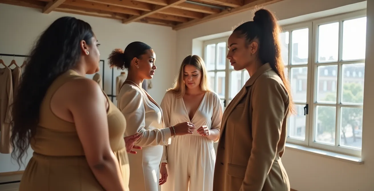 Session de coaching avec différentes morphologies dans un showroom belge