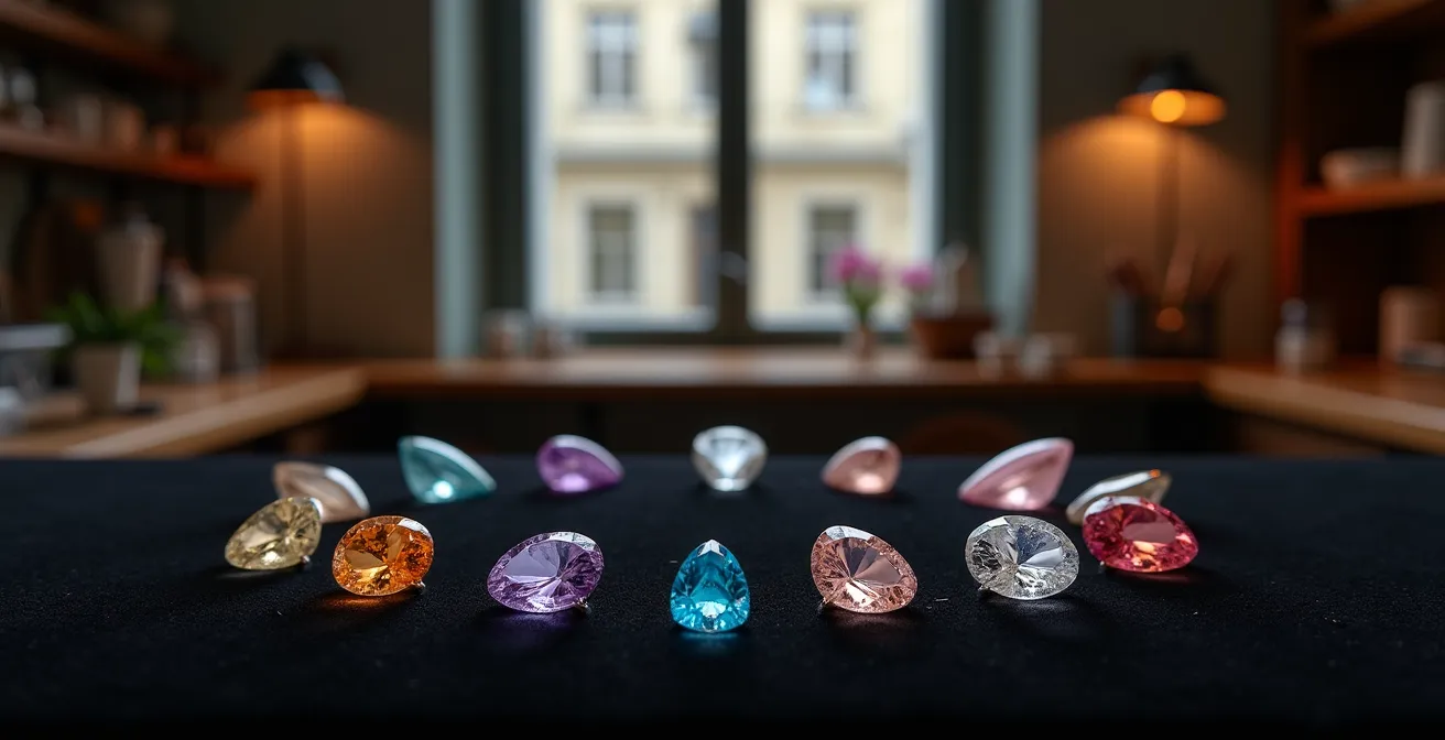 Collection de pierres de naissance disposées en cercle sur velours noir