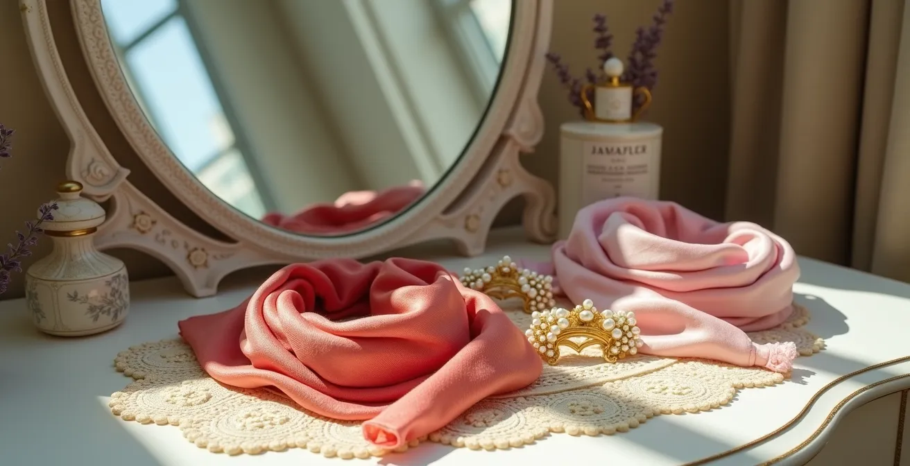 Accessoires pour cheveux élégants sur une coiffeuse belge avec foulards en soie et barrettes dorées