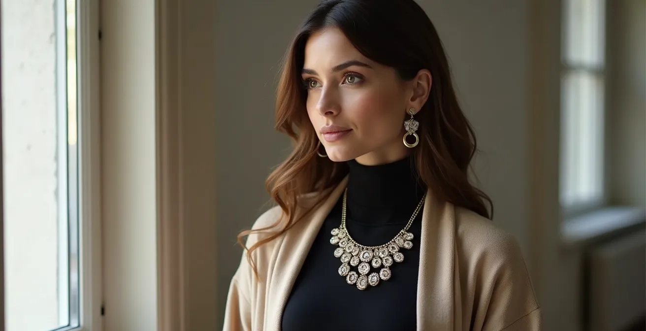 Portrait d'une femme portant un collier plastron ajouré sur col roulé avec gilet long ouvert