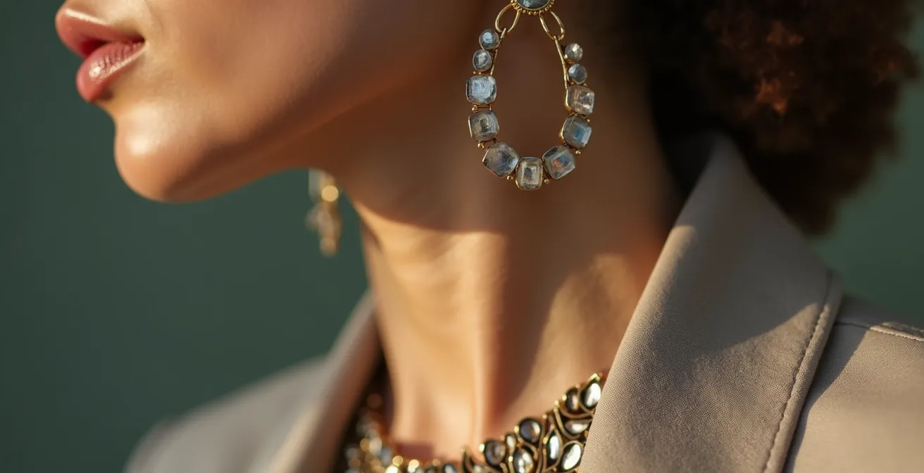 Détail d'un collier sophistiqué associé à des puces d'oreilles discrètes