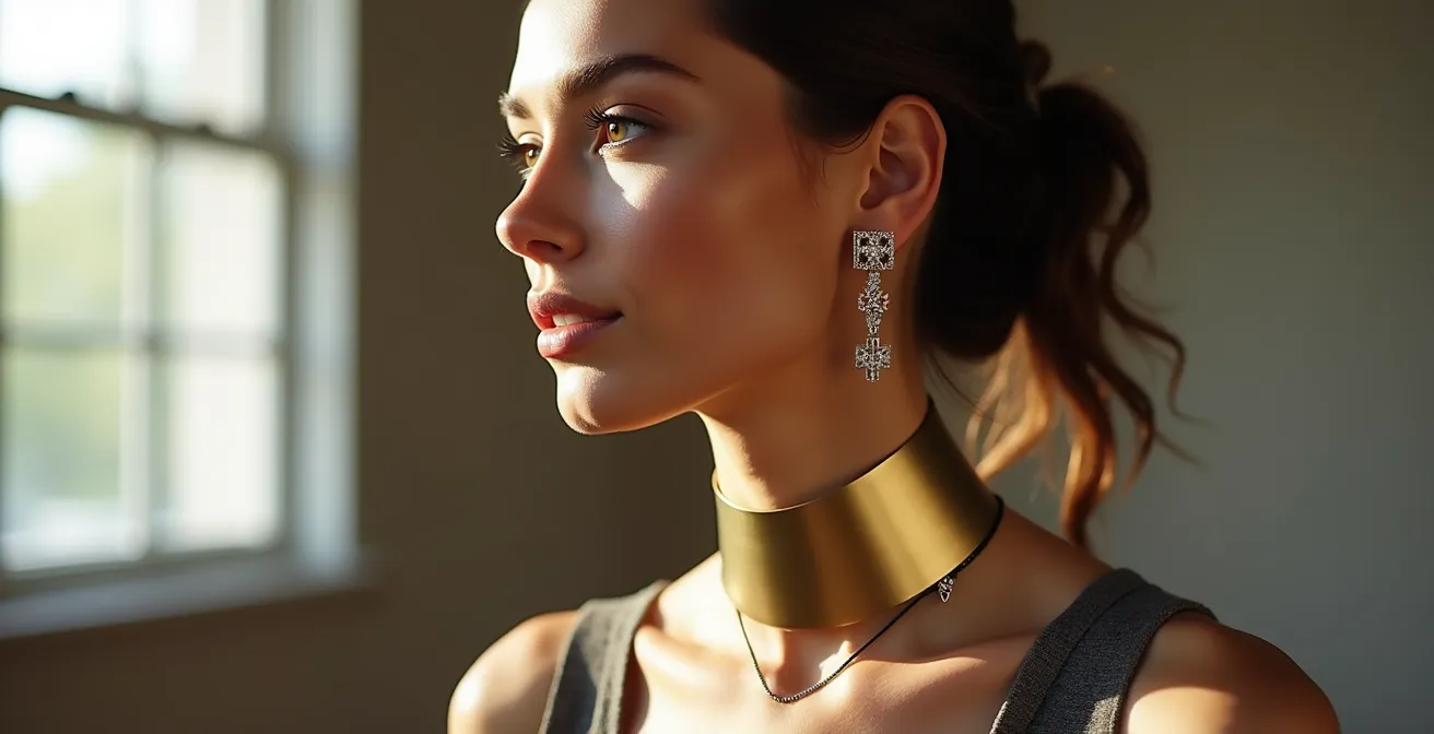 Association élégante d'un collier plastron fantaisie avec des puces d'oreilles en diamants