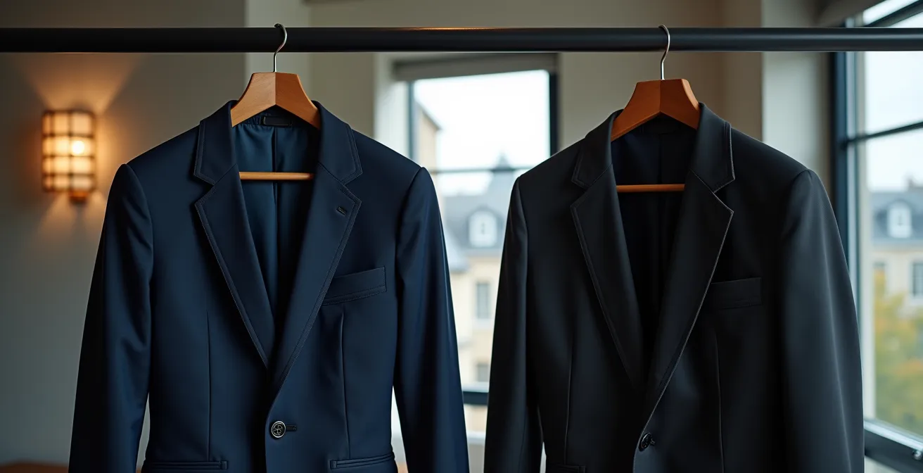 Comparaison visuelle entre une veste bleu marine et une veste noire dans un contexte professionnel belge