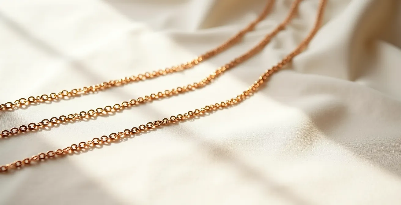 Comparaison visuelle de trois chaînes forçat de largeurs différentes portées sur des mannequins, montrant l'effet esthétique selon la morphologie