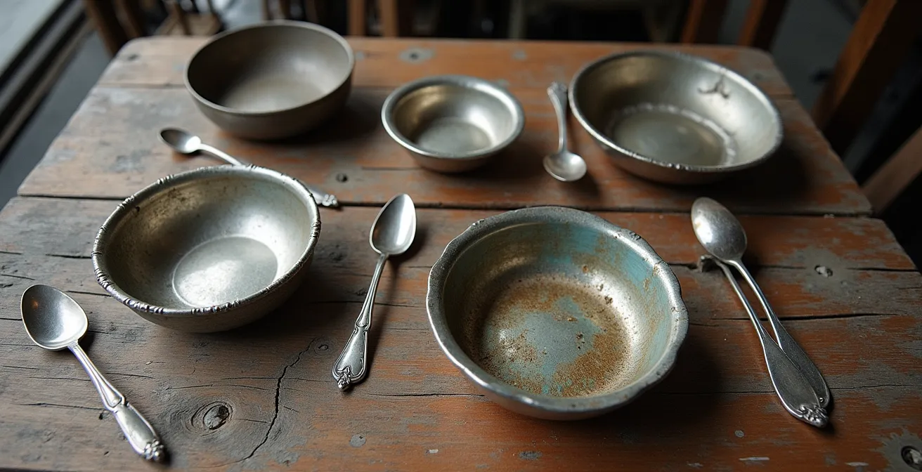 Contraste de patine entre un bijou en argent véritable et une pièce en maillechort sur une table de brocante.