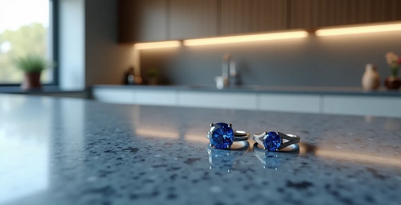 Simulation visuelle de l'impact d'un choc sur comptoir en granit entre saphir et tanzanite