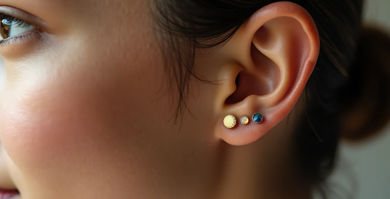 Profil d'oreille avec trois clous d'oreilles dorés de tailles décroissantes, composition élégante