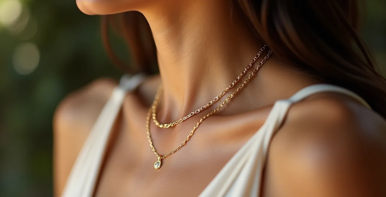 Gros plan artistique sur le cou d'une femme portant un collier fin en or, texture de peau visible