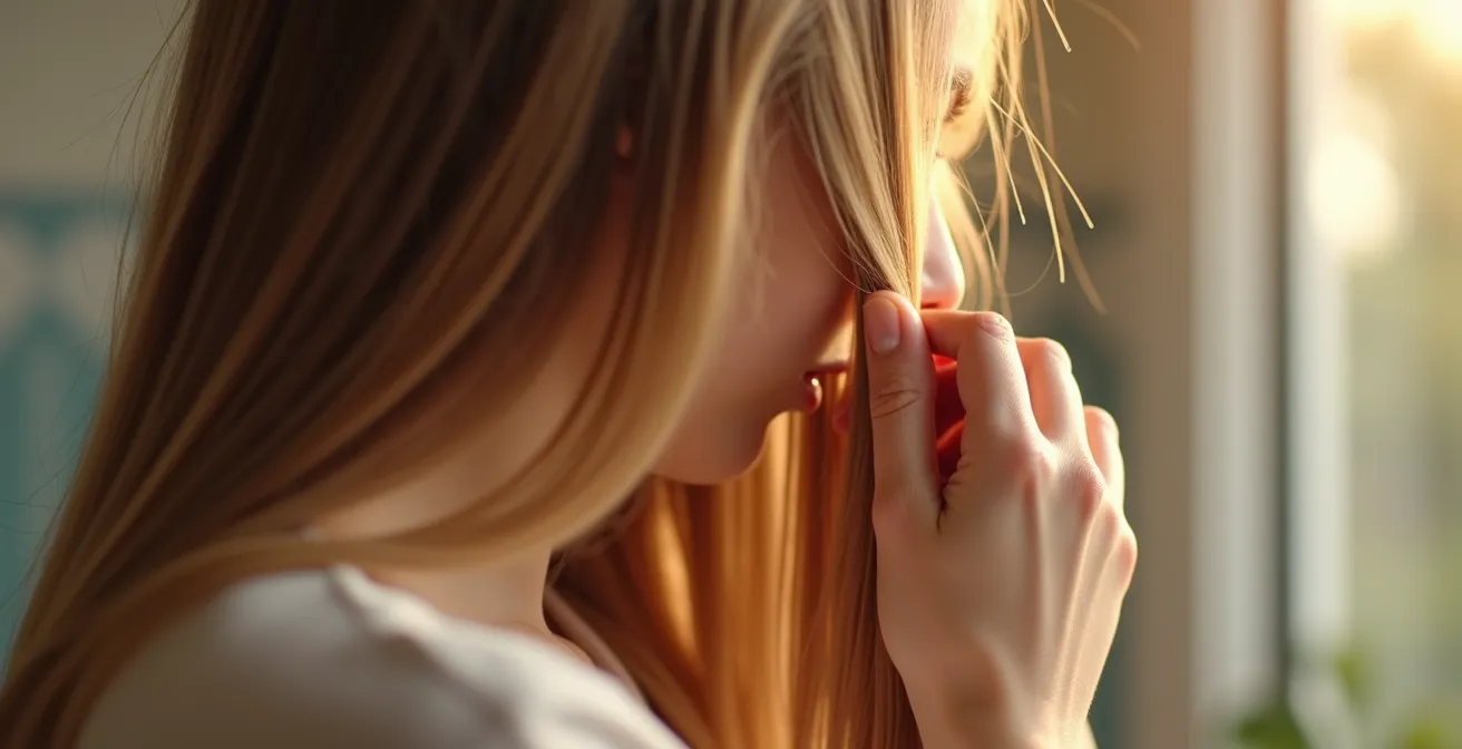 Main divisant visuellement une chevelure en quatre sections pour le dosage précis de l'huile