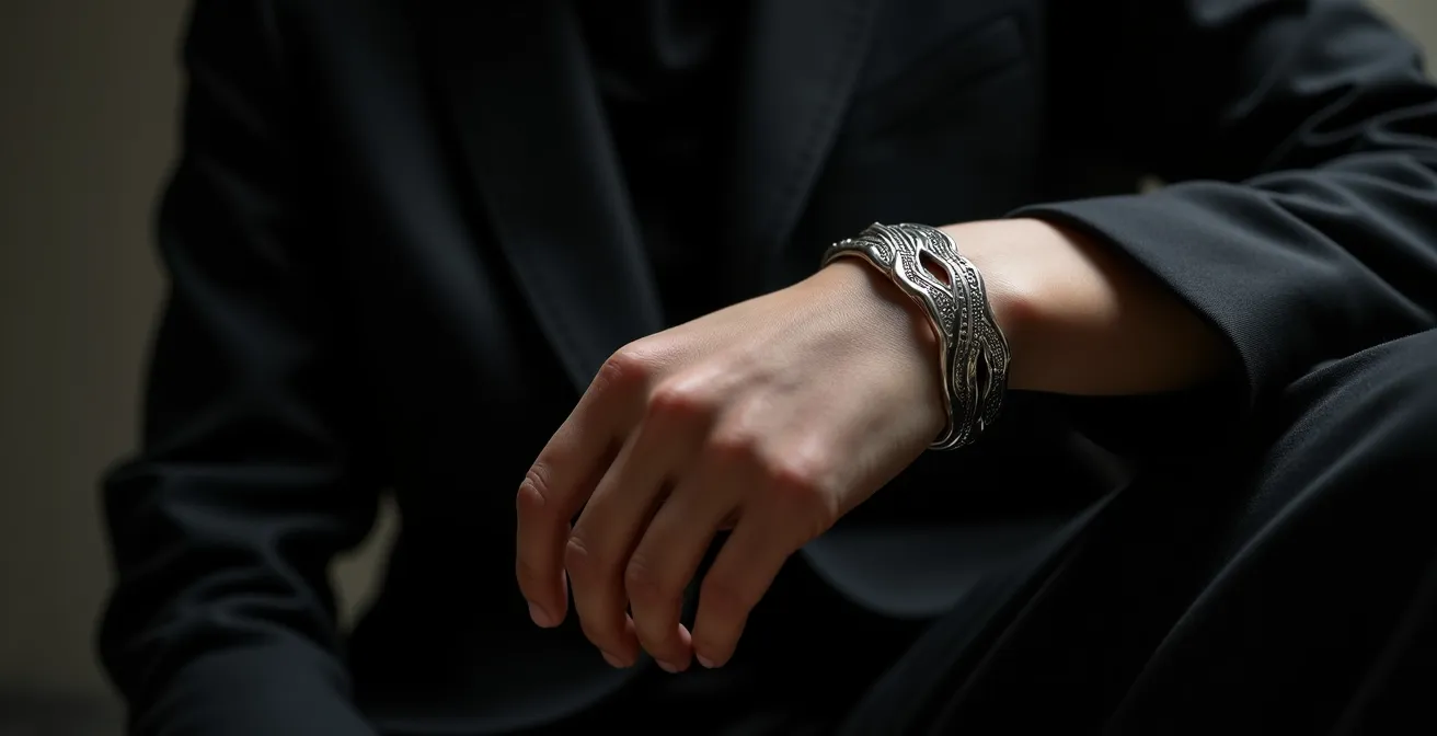 Composition minimaliste montrant une manchette sculptée unique sur un poignet avec une tenue épurée monochrome