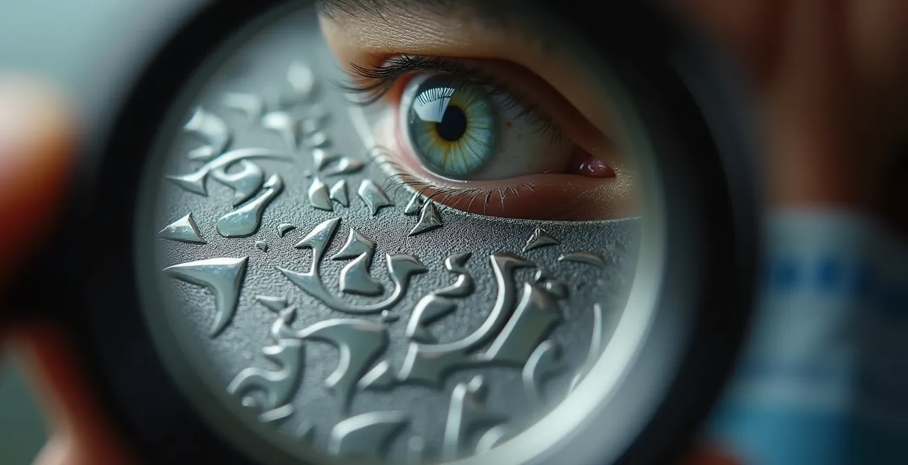 Expert joaillier examinant les poinçons d'une pièce d'orfèvrerie belge avec une loupe professionnelle pour un certificat d'assurance.