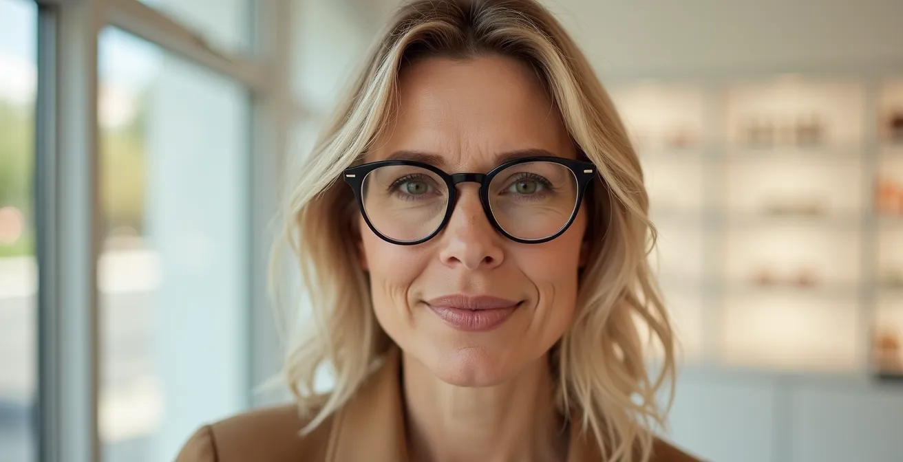 Portrait de femme portant des lunettes avec pont clé et une coiffure adaptée qui harmonise l'ensemble du visage
