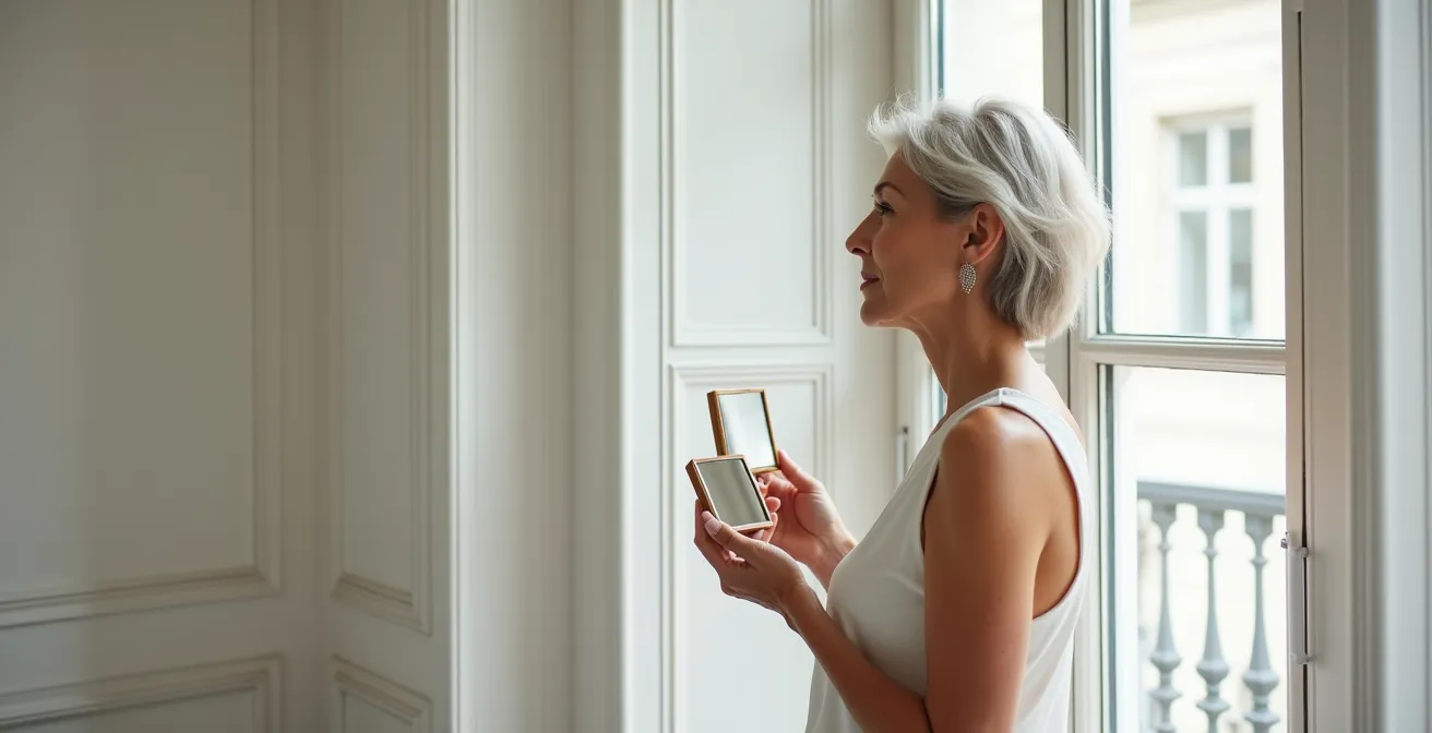 Femme vérifiant son maquillage léger près d'une fenêtre baignée de lumière naturelle
