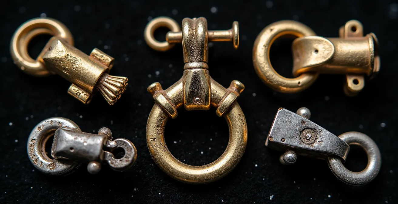 Vue macro de différents types de fermoirs vintage montrant les points d'usure