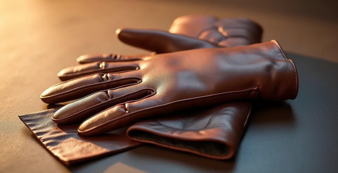 Vue en coupe d'un gant en cuir doublé soie montrant les couches de matériaux nobles