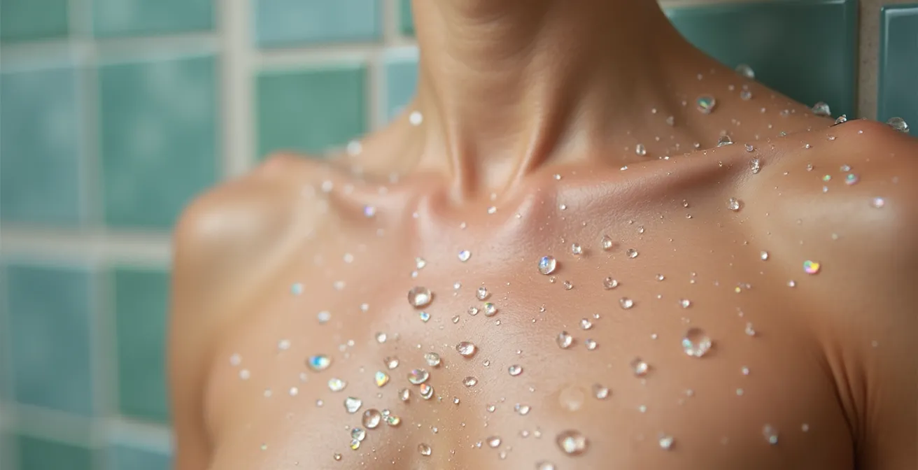 Macro de gouttelettes d'eau sur une surface de peau avec effet de lumière montrant l'évaporation