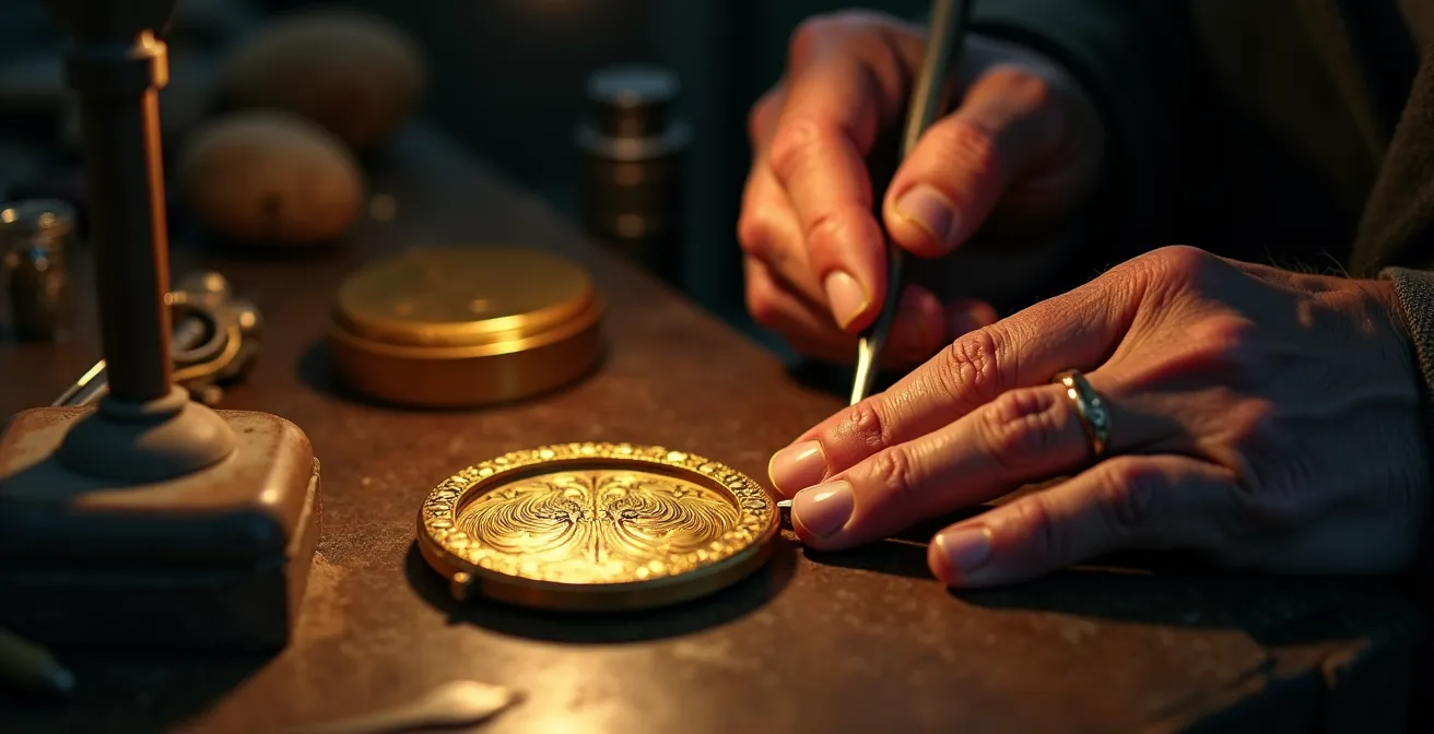 Gravure artisanale au burin d'un message sur le dos d'un médaillon de baptême