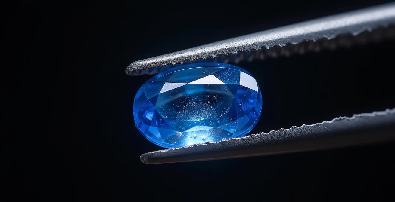 Vue macro d'un saphir montrant les disques de tension caractéristiques du traitement thermique