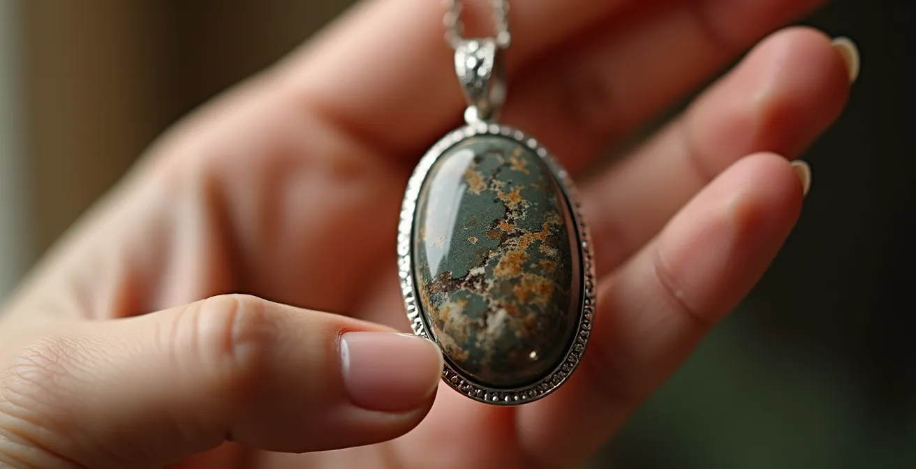 Main féminine touchant délicatement un pendentif en pierre naturelle, geste d'ancrage kinesthésique