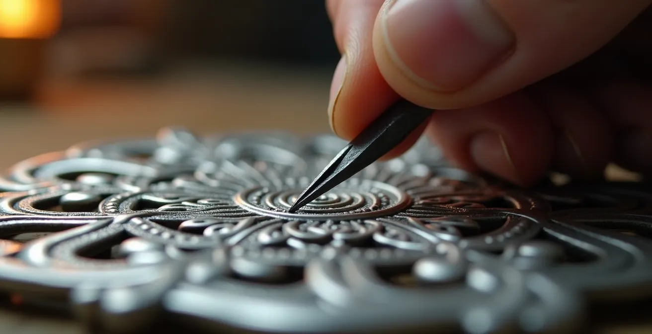 Gros plan sur les mains d'un artisan belge travaillant un bijou en argent