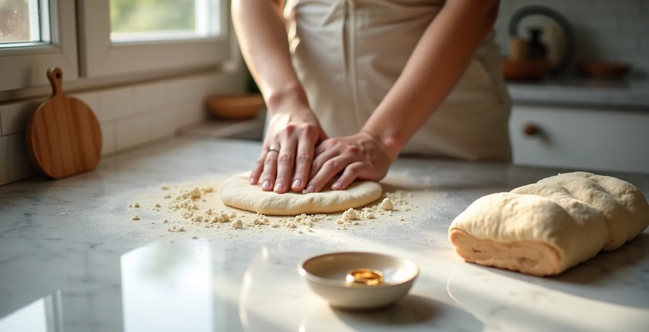 Mains de femme pétrissant de la pâte avec alliance diamants posée sur le plan de travail en marbre
