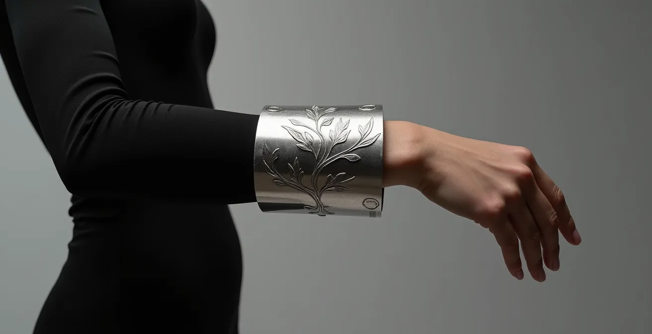 Gros plan sur une manchette argentée sculptée portée sur un sous-pull noir ajusté créant un effet affinant