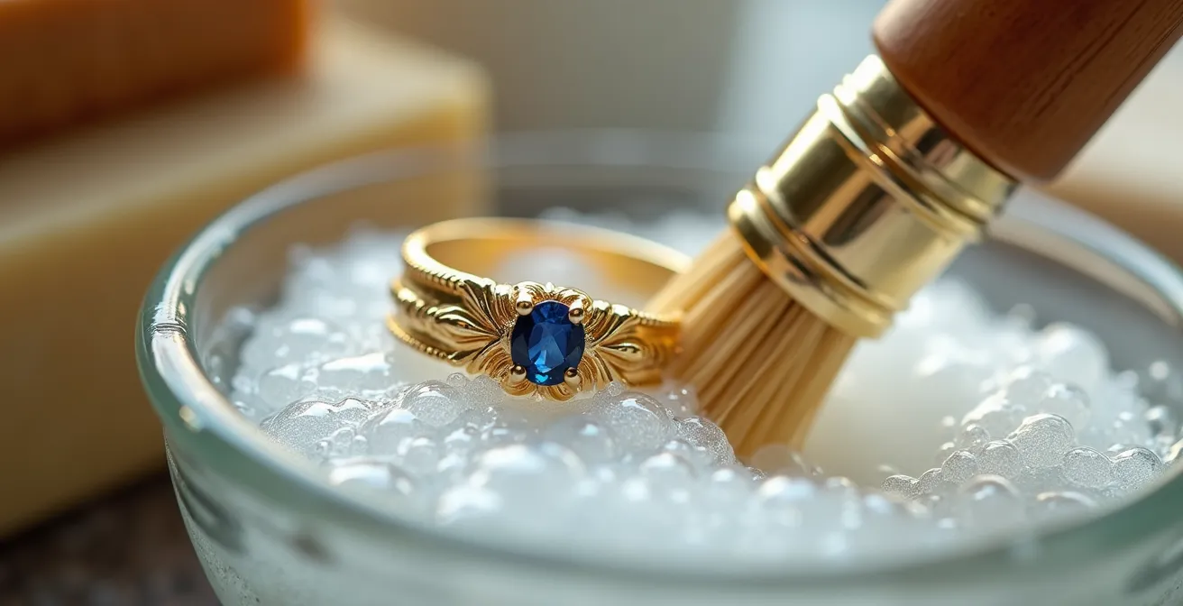 Gros plan d'une bague en or en cours de nettoyage avec une brosse douce et de l'eau savonneuse.
