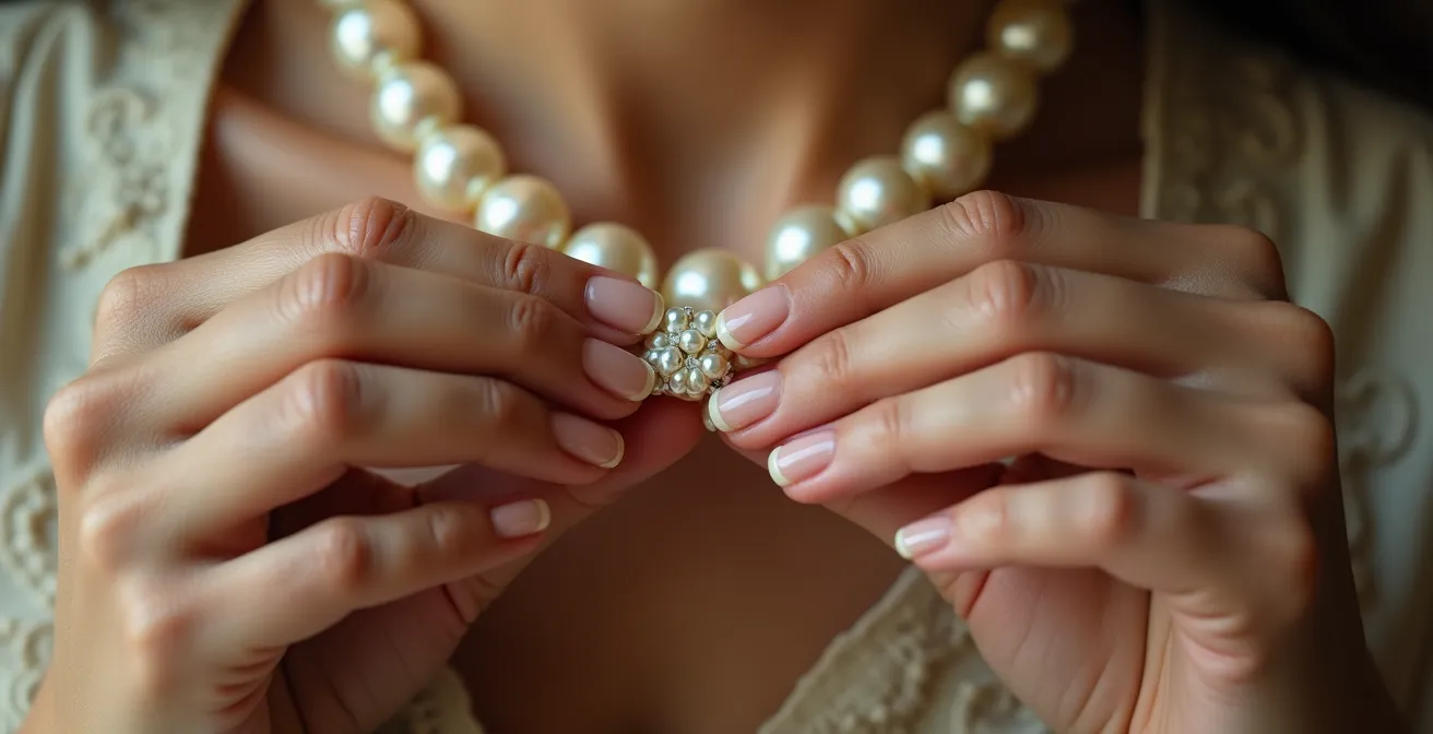 Gros plan sur des mains expertes nouant délicatement un sautoir vintage façon Charleston