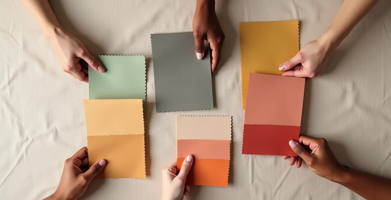 Mains tenant différents échantillons de tissus colorés pour test de colorimétrie