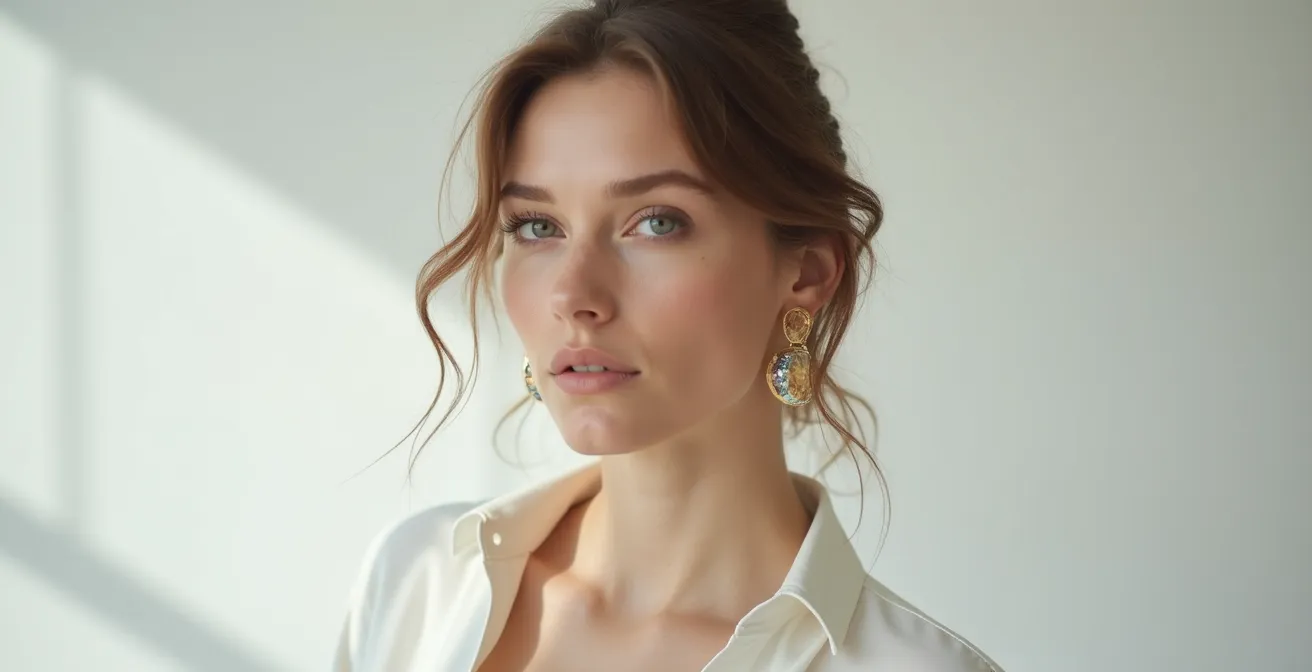 Composition minimaliste montrant des pendants géométriques avec un col ouvert